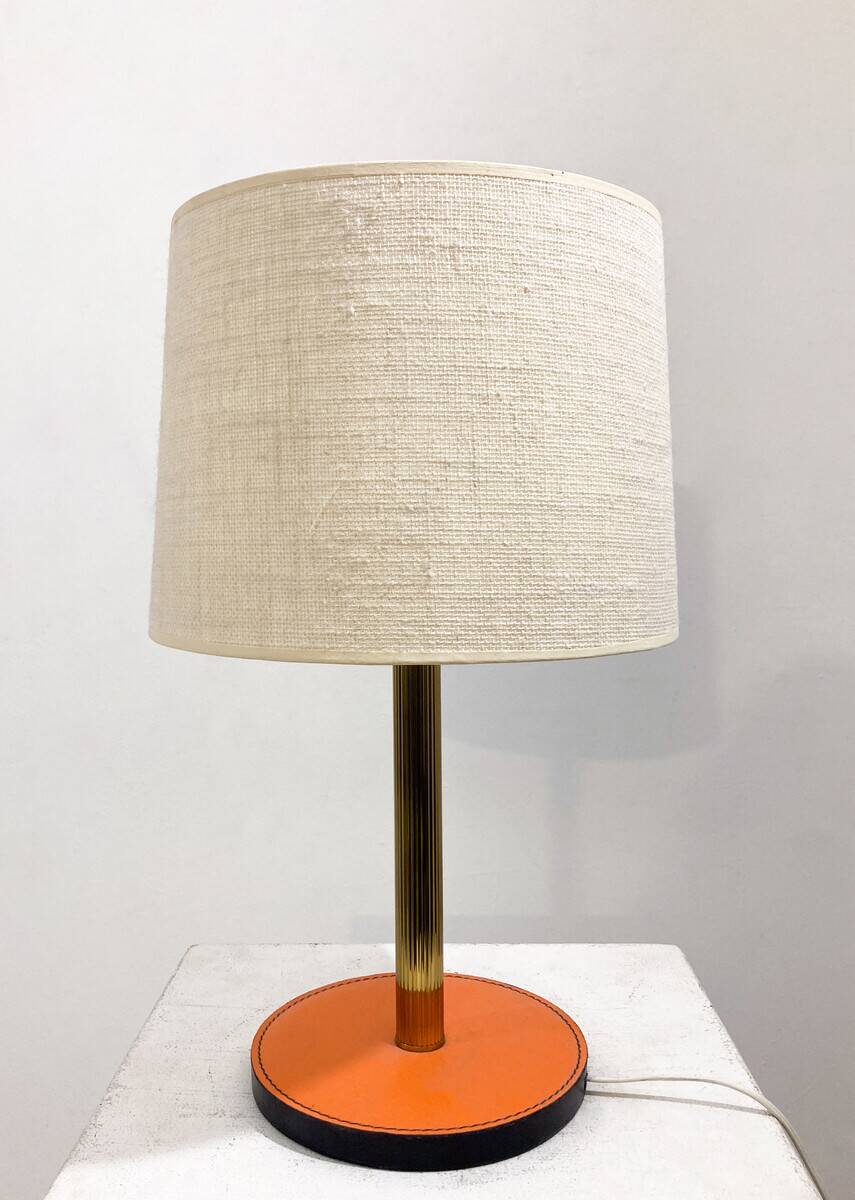 Mid-century modern leather and brass table lamp