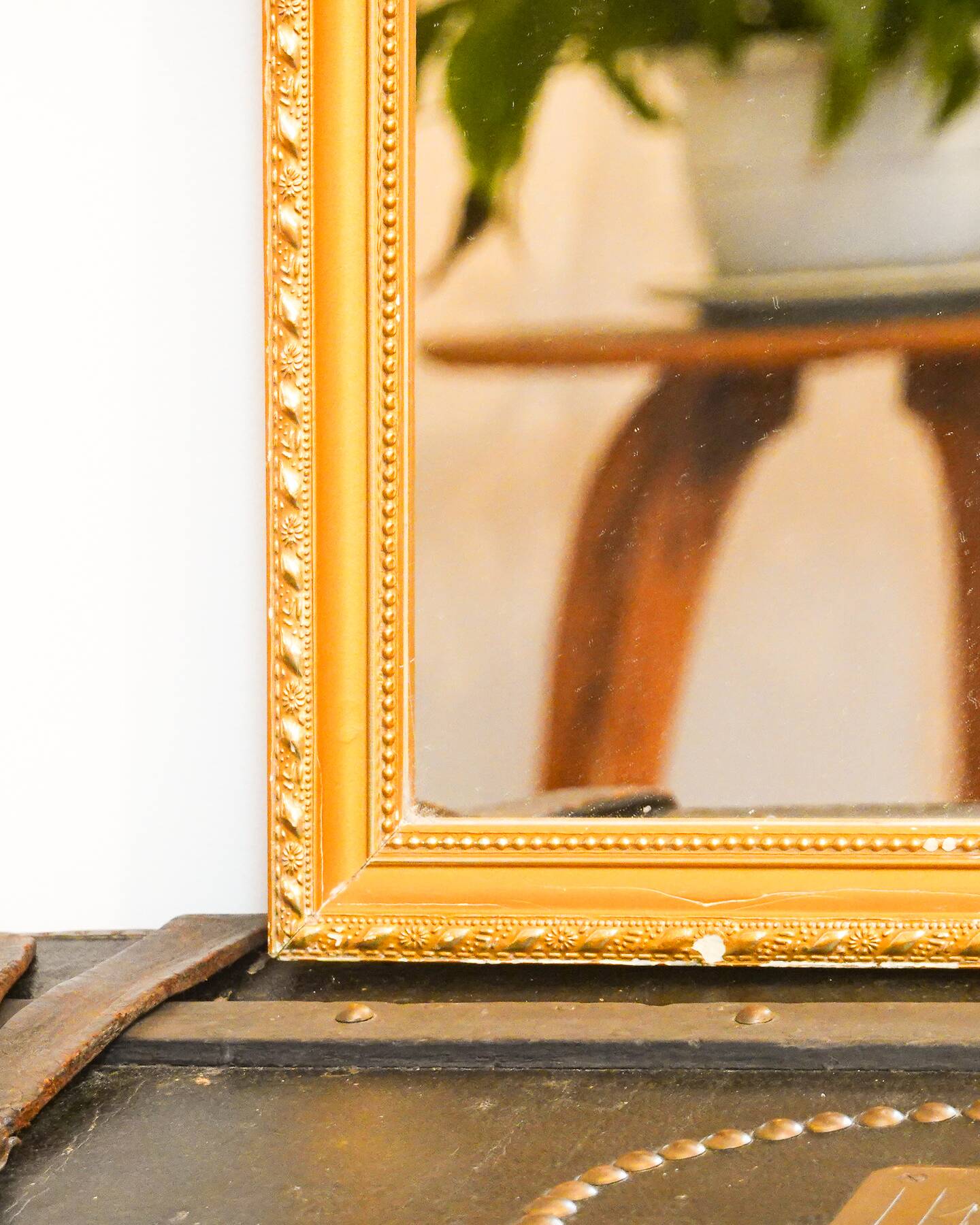 Vintage rectangular gilt mirror, molded wooden frame with beads and fire