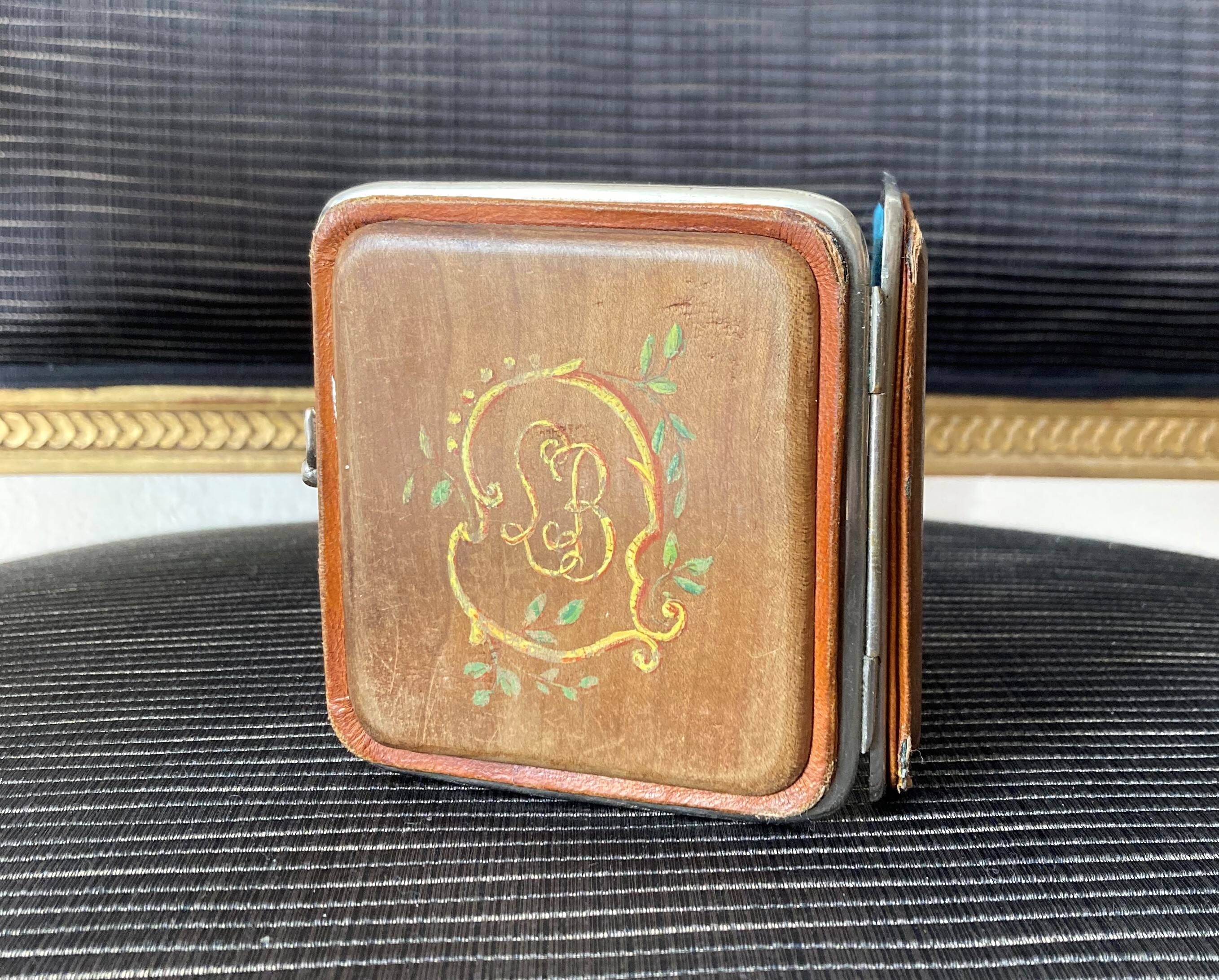 Old wooden, metal and silk cigarette case 19th century