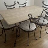 Travertine and wrought iron dining table + 8 chairs