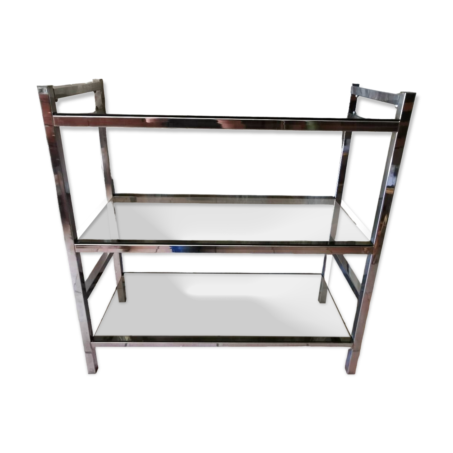 Étagère vintage métal chromé et verre fumé
