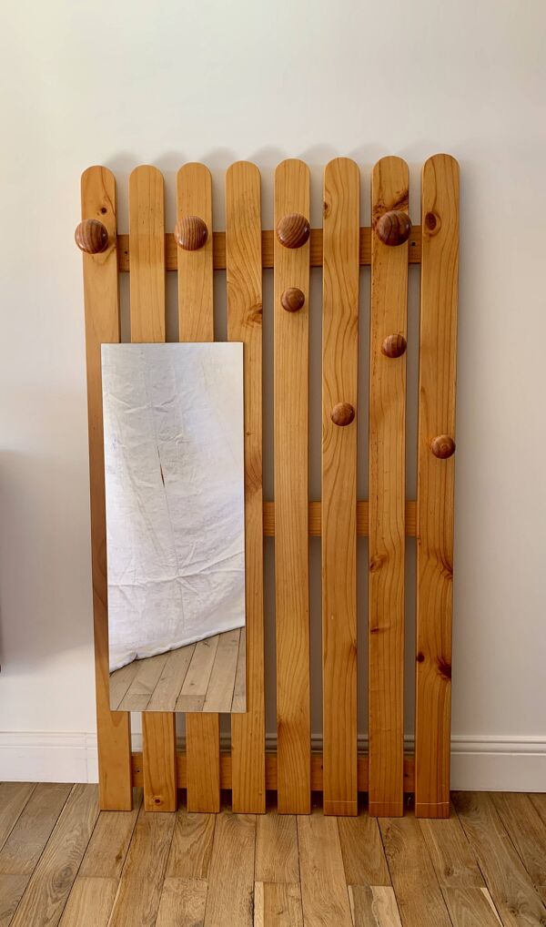 Porte-manteau miroir en pin blond années 70-80