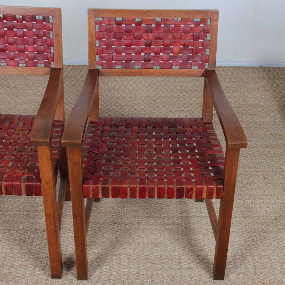 Pair of 1950s bridge chairs in wood and leather