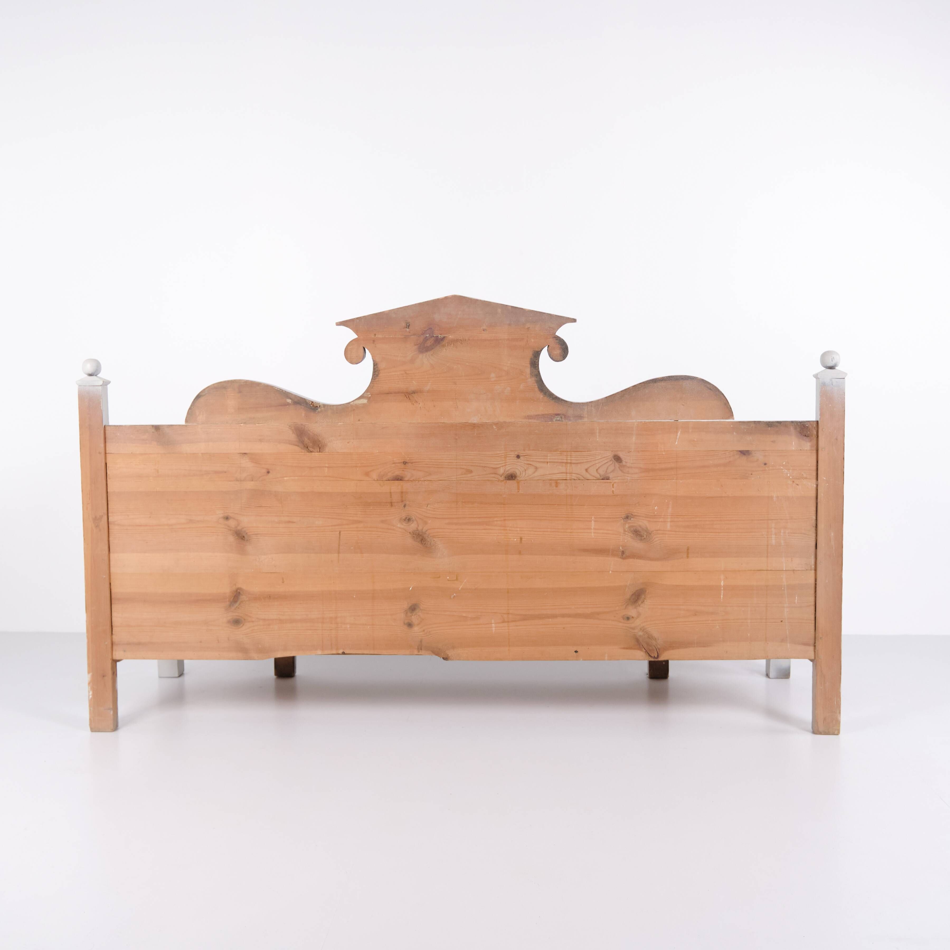 Antique storage bench with carvings – grey painted – pine wood – 1860s