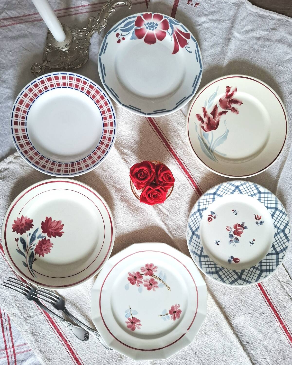 Mismatched antique earthenware dinner plates
