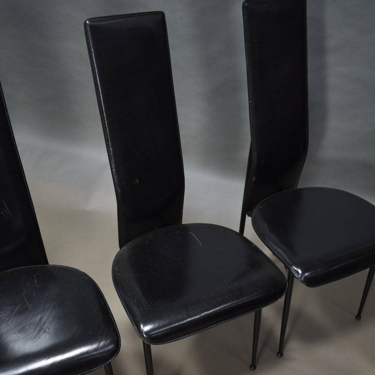 Chaises de salle à manger en cuir noir par Giancarlo Vegni et Gualtierotti pour Fasem, Italie, années 1980, ensemble de 6.