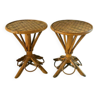 Pair of vintage bamboo and chestnut side tables by Pascal Raffier.