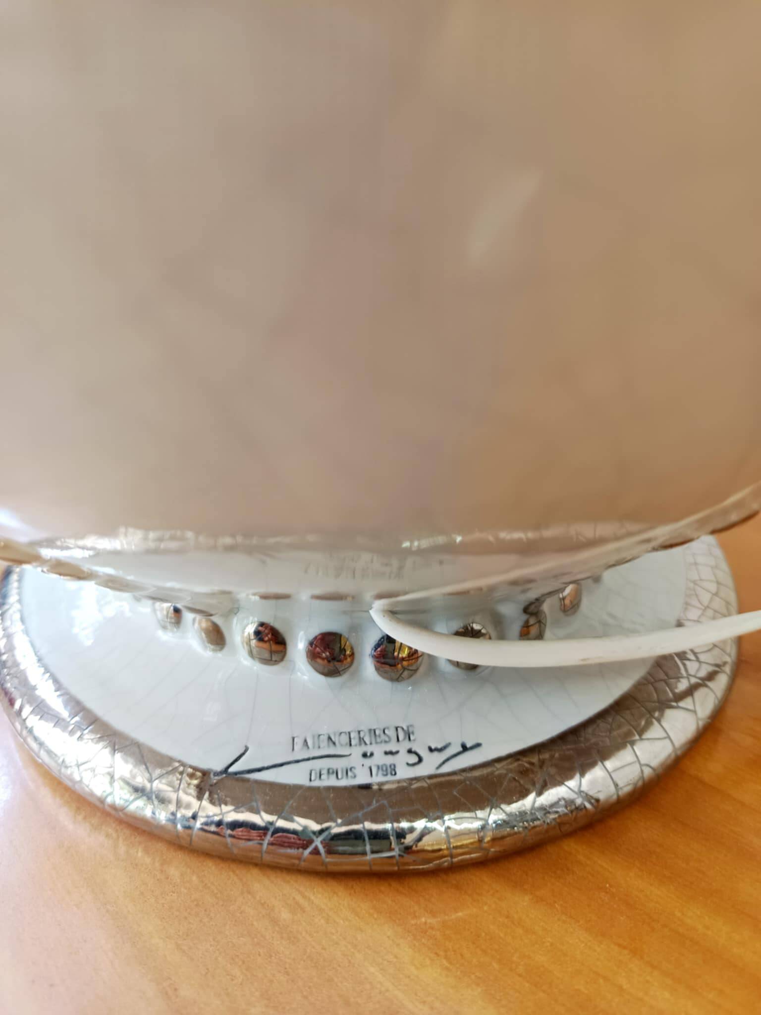 Longwy earthenware lamp and Klein blue lampshade