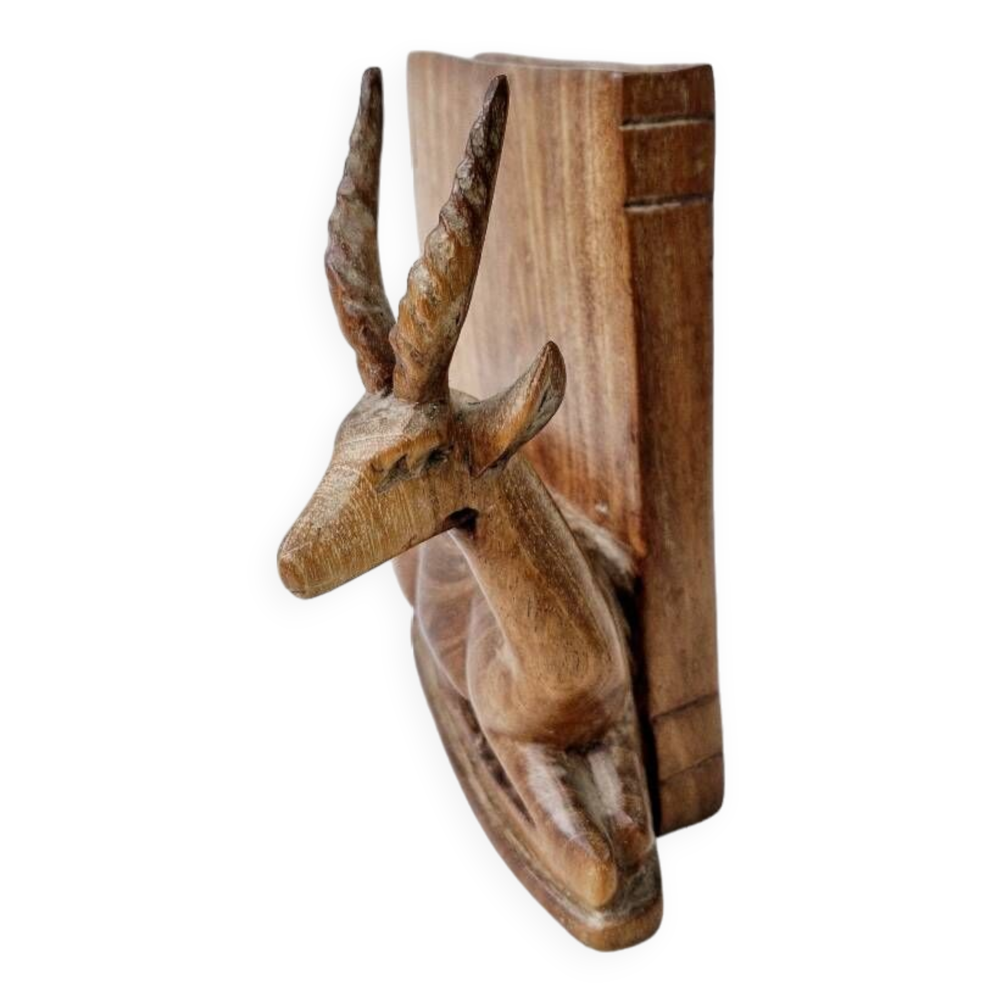 Old antelope bookend in hand carved wood