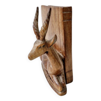 Old antelope bookend in hand carved wood