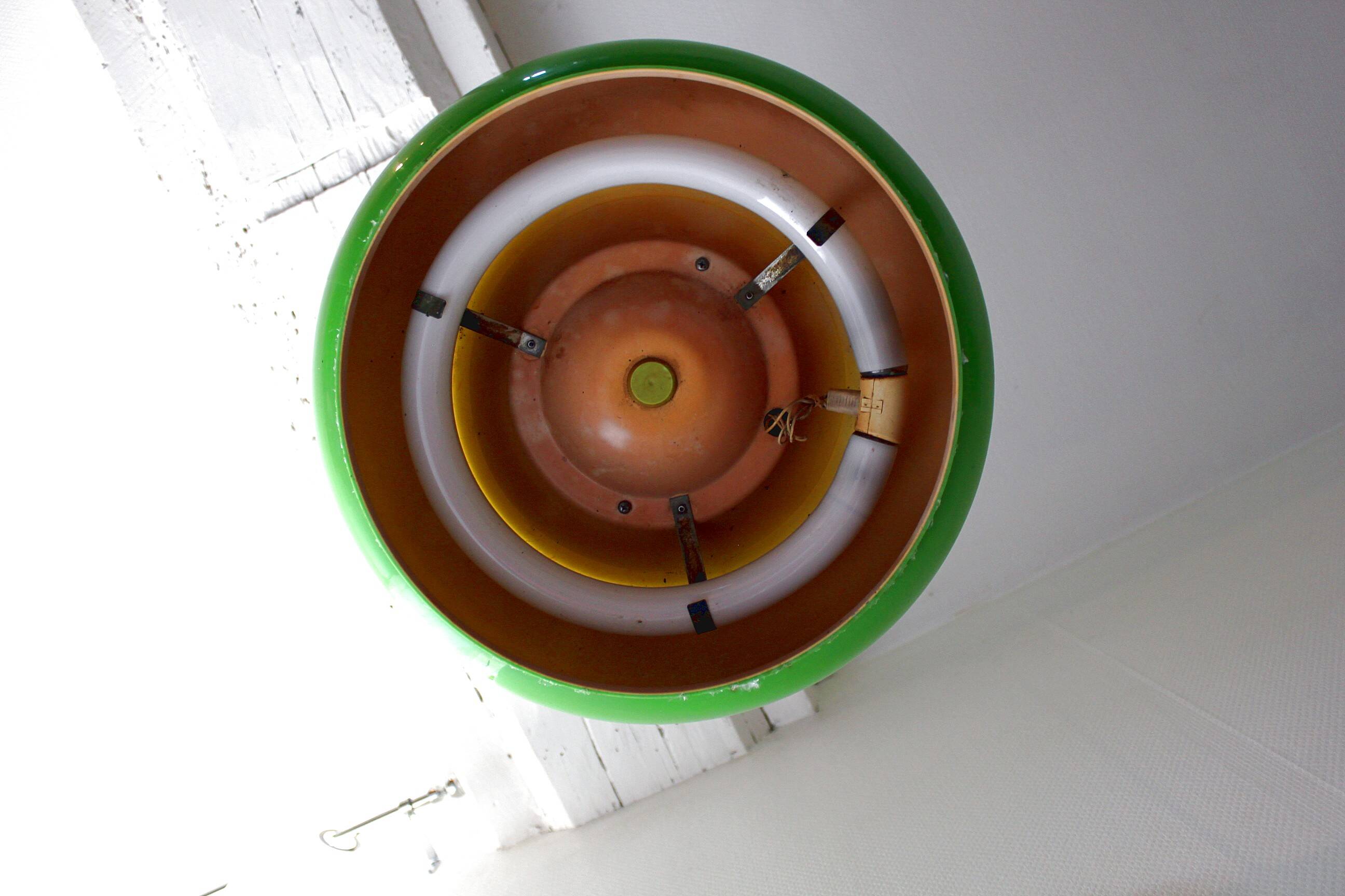 Vintage space age green saucer pendant light from the 1970s