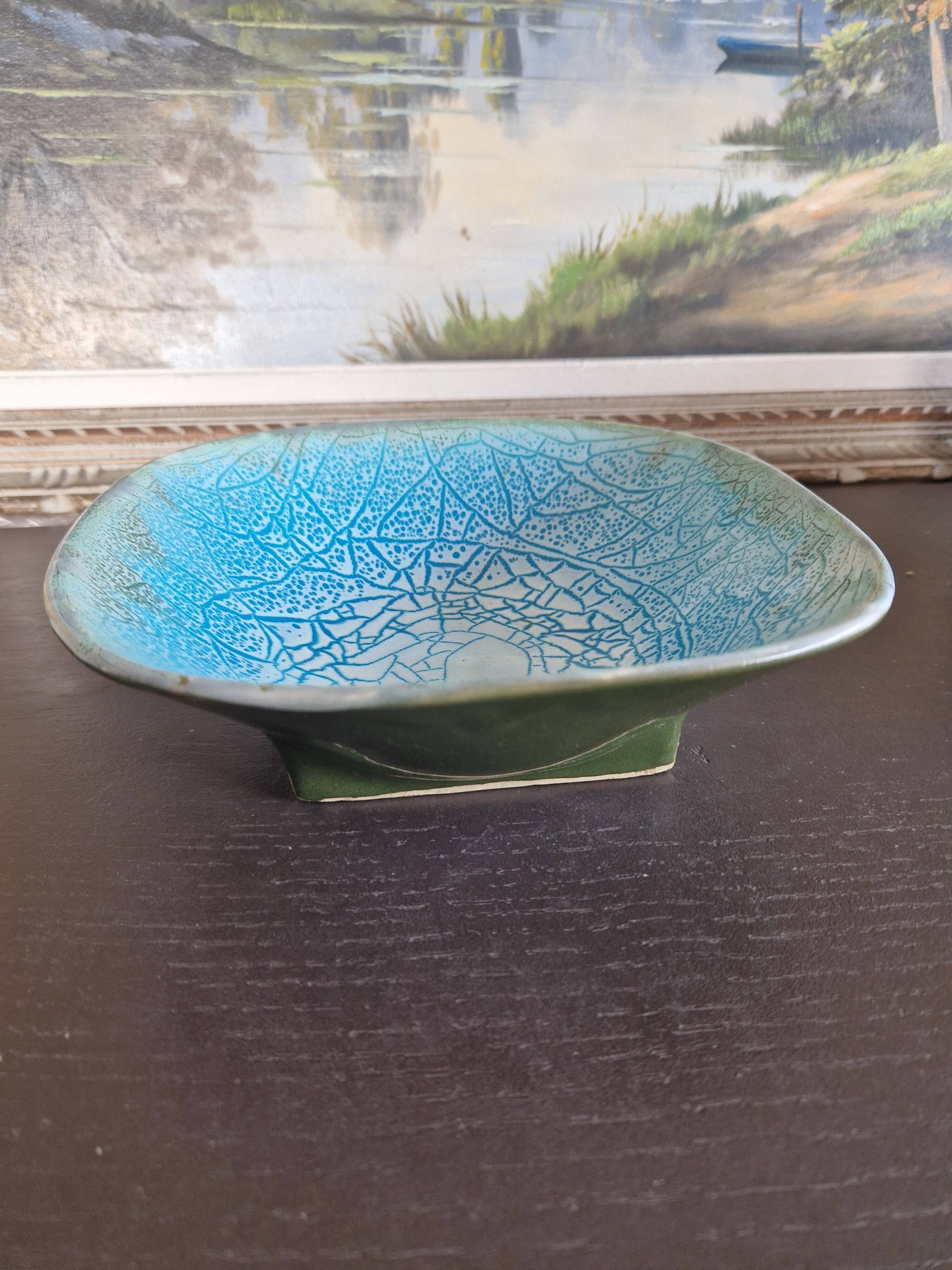 Square dish salad bowl bowl keraluc quimper ceramic turquoise blue cracked effect stamped with u