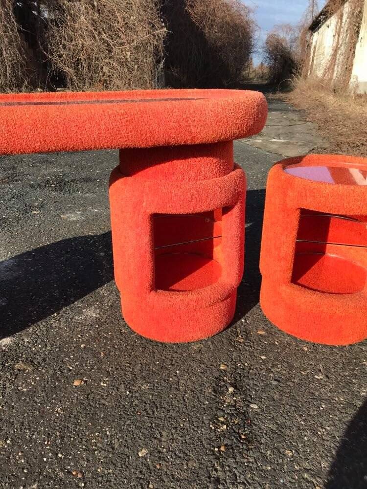 Vintage coral fabric dressing table set, 6 pieces (table, mirror, ottoman, bedside table)