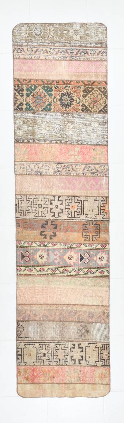 Tapis Runner Vintage Patchwork, Motifs Tribaux, Tons Pastel & Terre, 66x265 cm