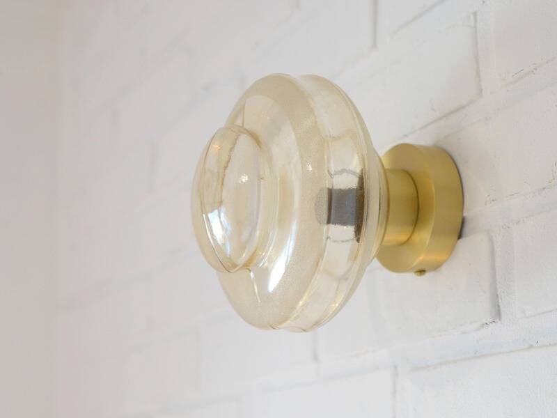 Set Of 2 Vintage Amber Glass Sconces MCM Brass Flush Mount Lights