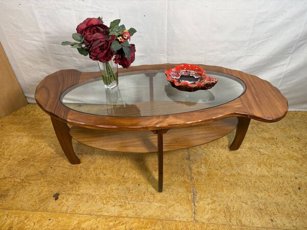Table basse organique en teck et verre, années 1960