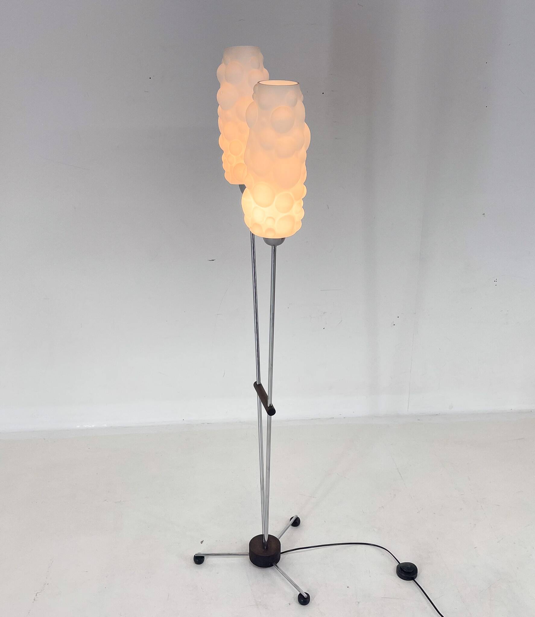 1970s chrome & wood floor lamp, restored , czechoslovakia
