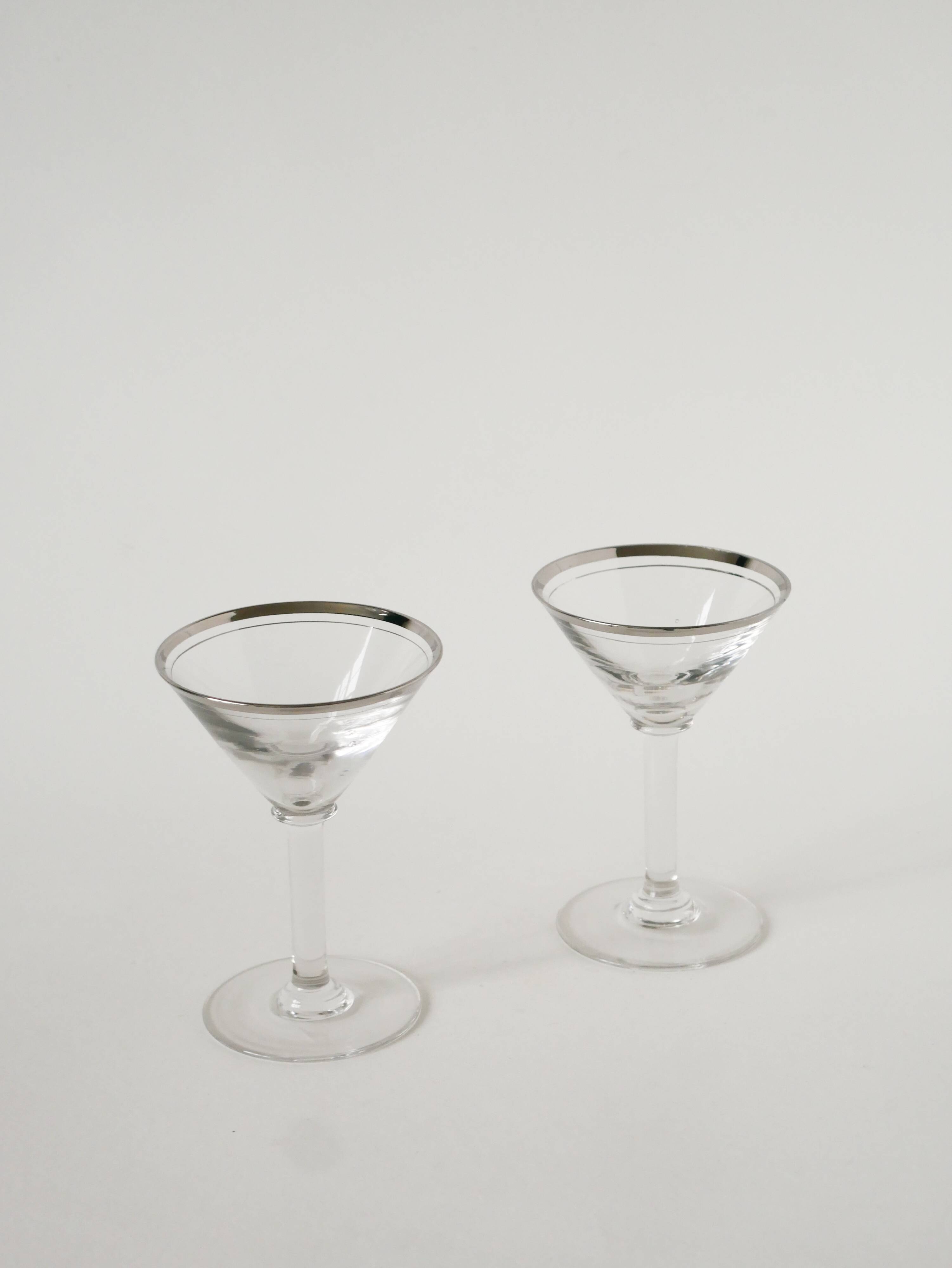 Set of 6 cocktail / martini glasses, chrome rim, Art Deco, 1930s