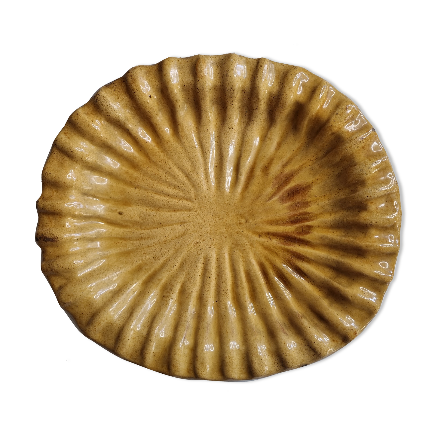 Large dish in enamelled terracotta, ochre, 47 cm