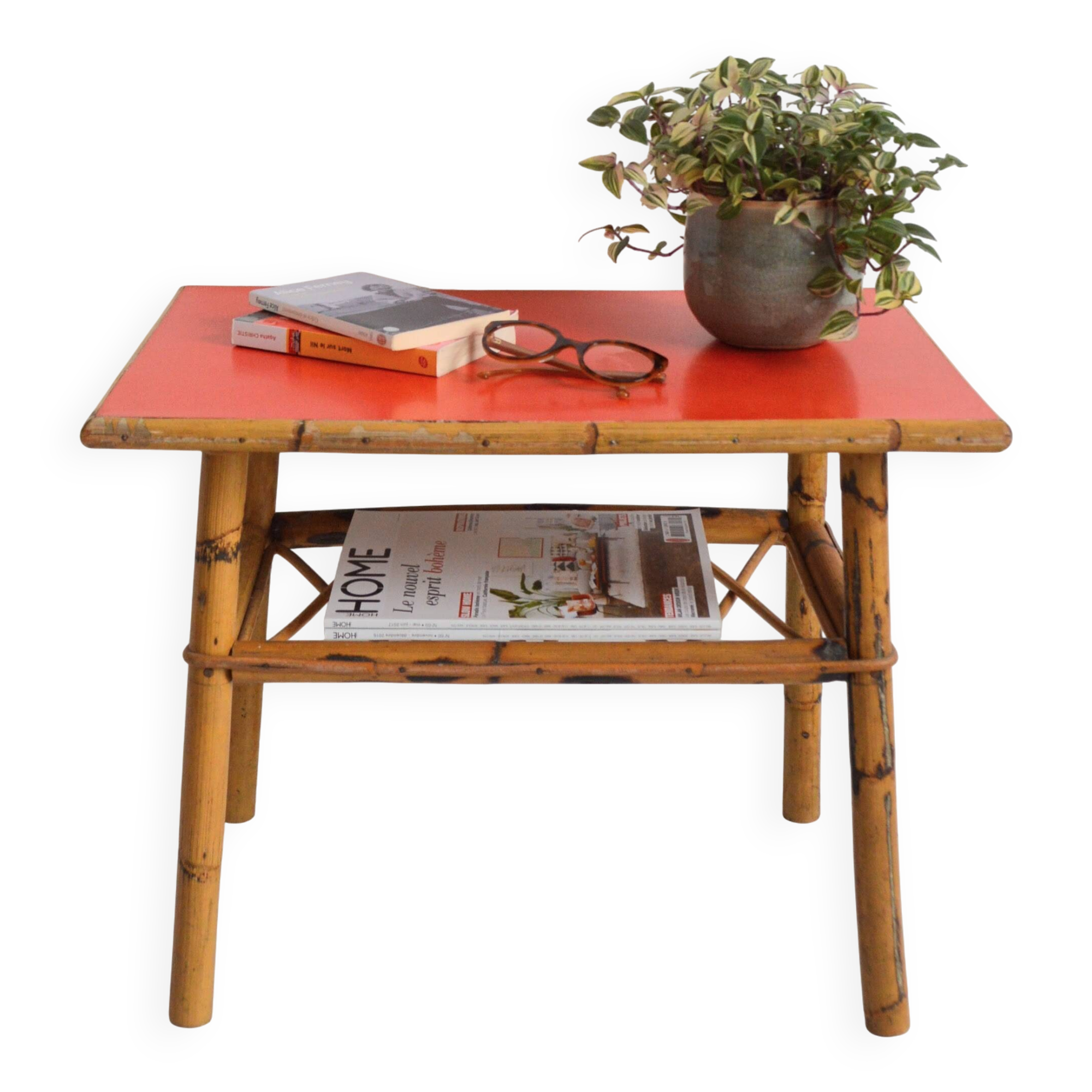 Small coffee table / Side table / Bamboo and rattan end table 1960s