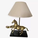 Lampe "Cheval" en laiton et socle bois