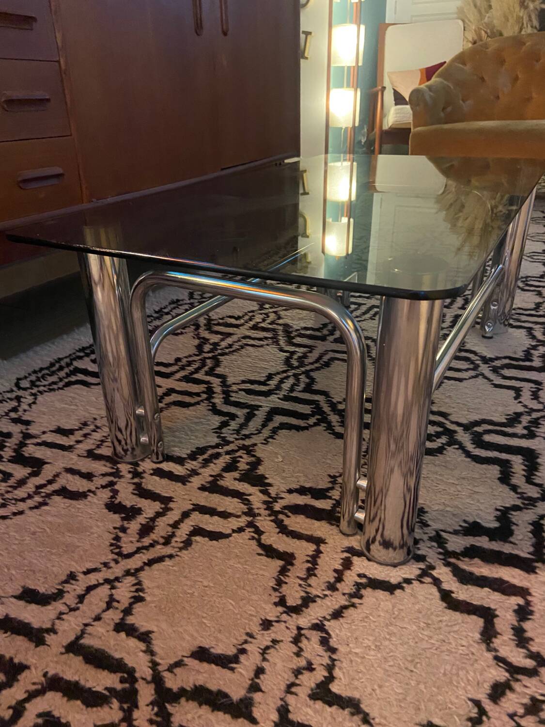 Coffee table in metal and smoked glass from the 70s