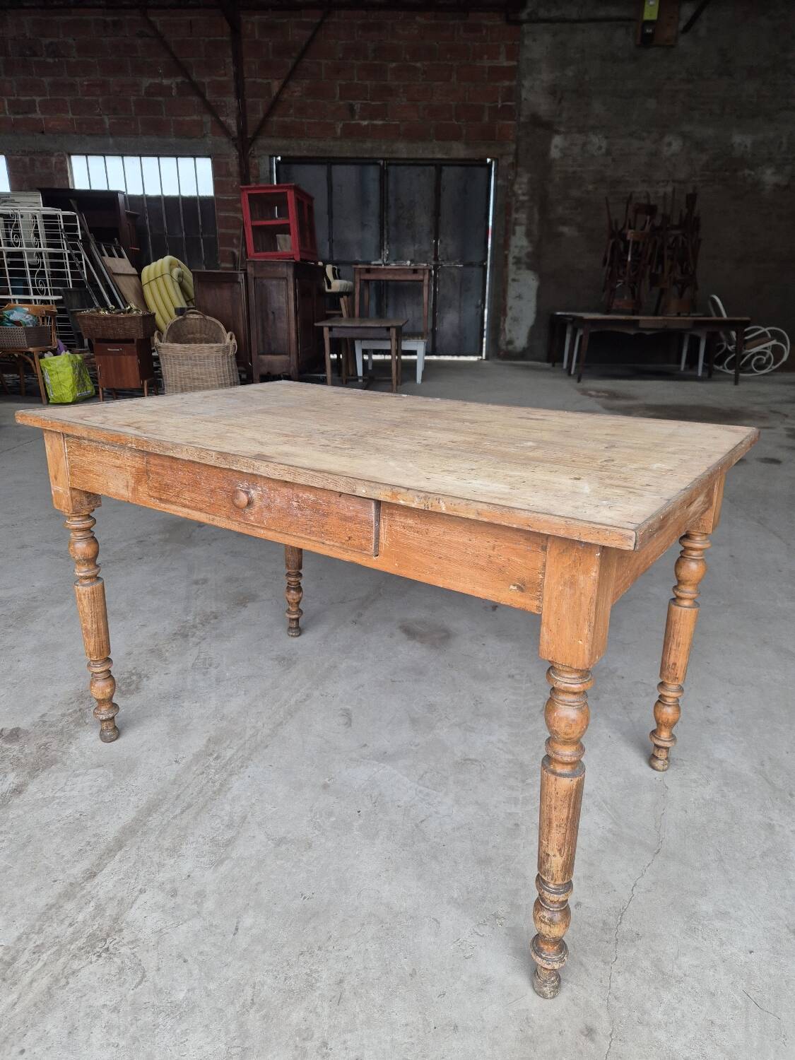 Antique rustic bistro farm table 1900 one drawer - 1m23