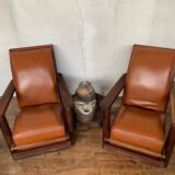 PAIR OF BRUTALIST ARMCHAIRS IN TEAK AND VINTAGE COGNAC LEATHER FROM THE 1950S