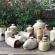 Old vinaigrier in sandstone vintage pot