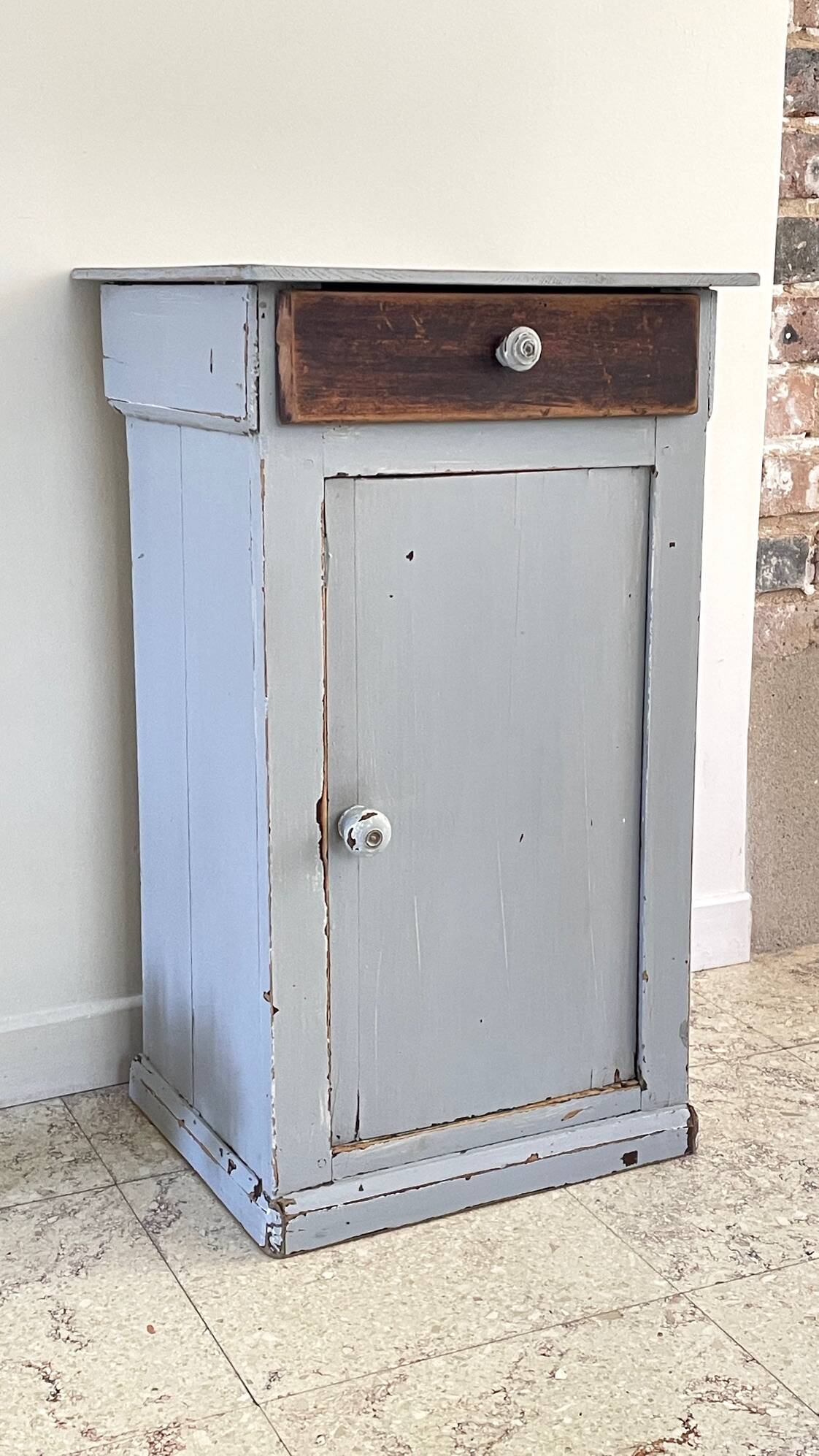 Antique Bedside Table in Weathered Grey Wood