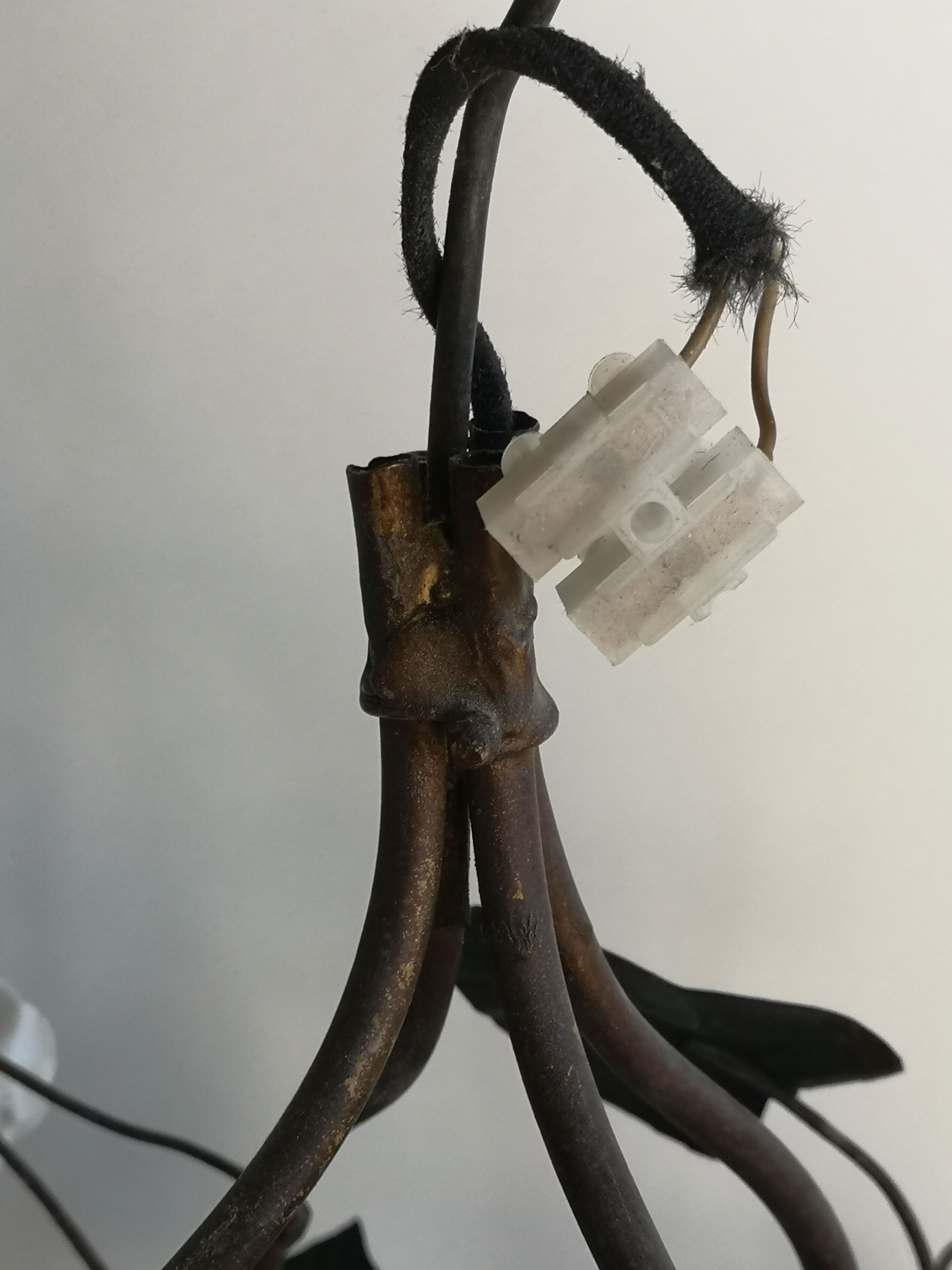 19th copper chandelier with ceramic floral motifs