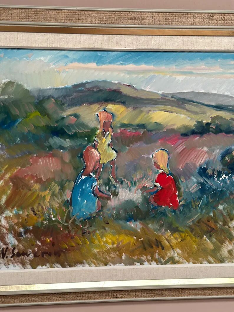 Original Swedish Oil on Canvas - "Children Playing" by Nils Sewerin (1920-1985) - Signed - Vintage and Framed - 77 × 66 cm (30.3" × 26")