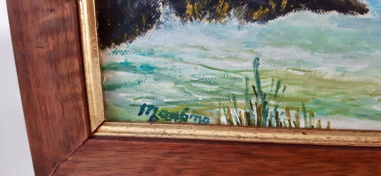 Painting / oil landscape river signed vintage 30x37.5