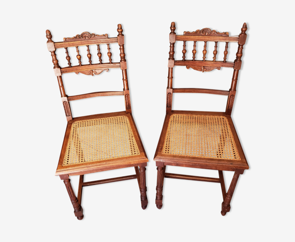 Série de 2 chaises anciennes en bois tourné et cannage