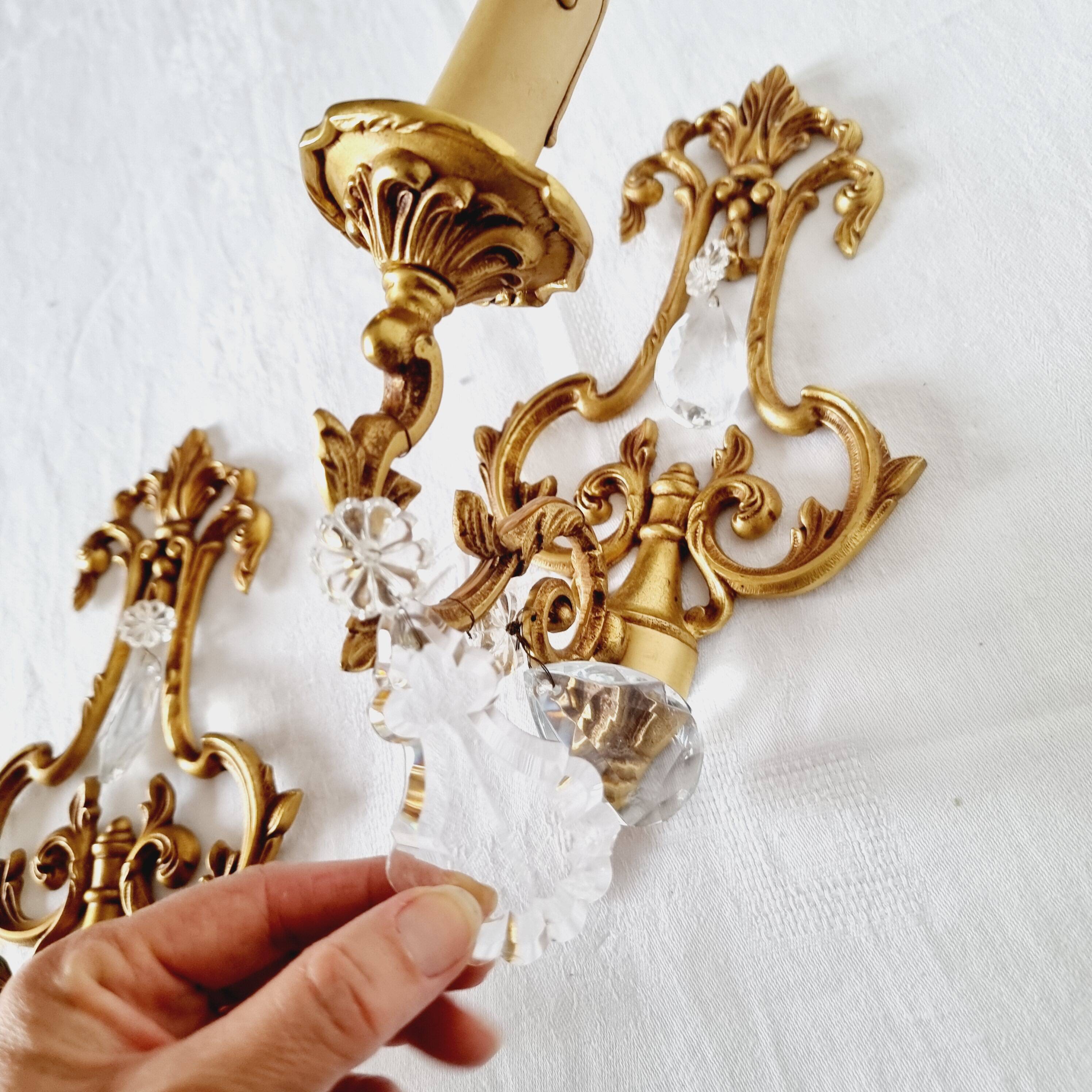 2 antique bronze and rock crystal candles and one light sconces in classic style