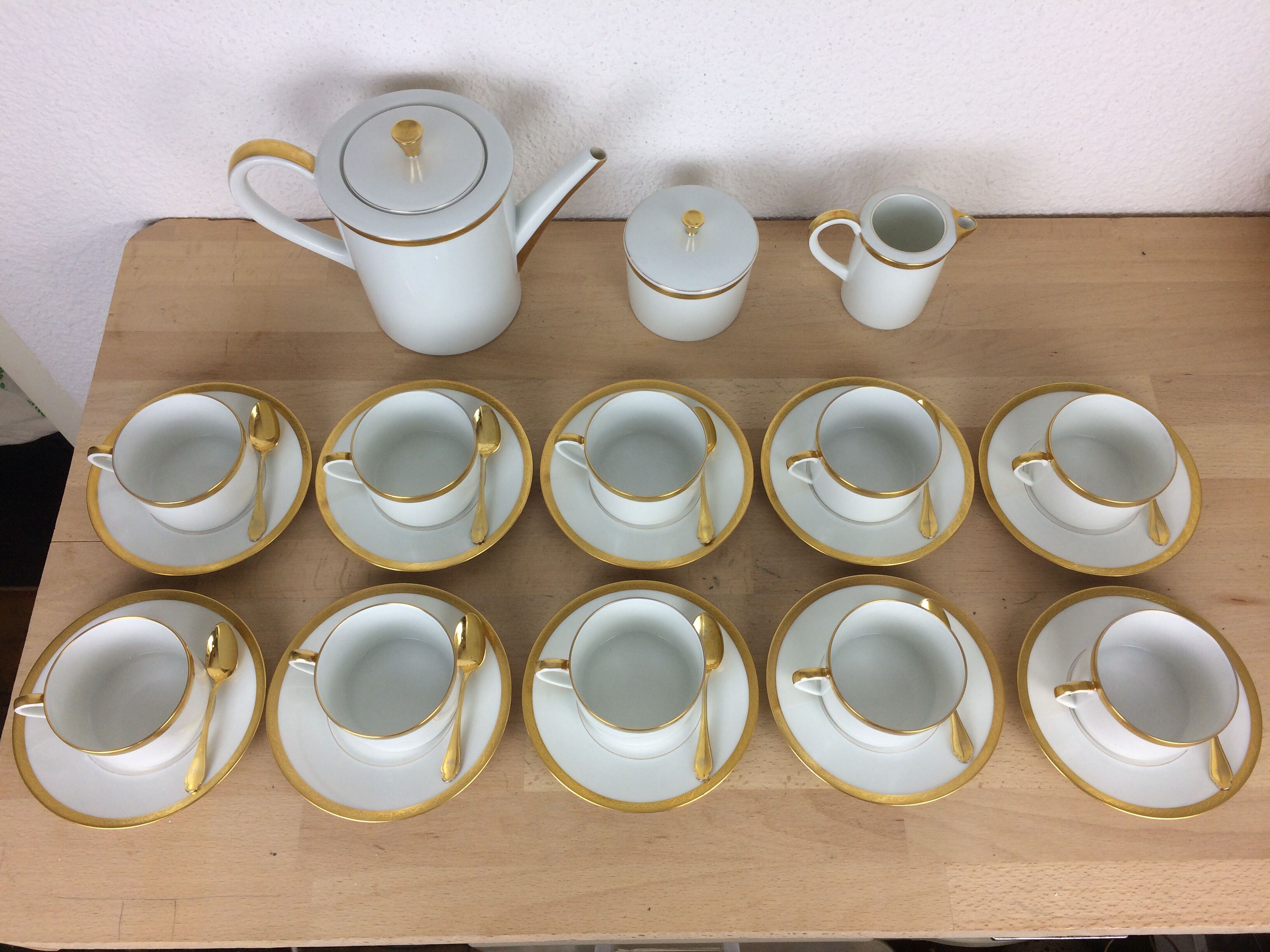 Porcelain tea set A. Vignaud Limoges and mocha spoons Christofle Alfénide