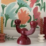 Burgundy enameled ceramic candlestick / candelabra signed CS