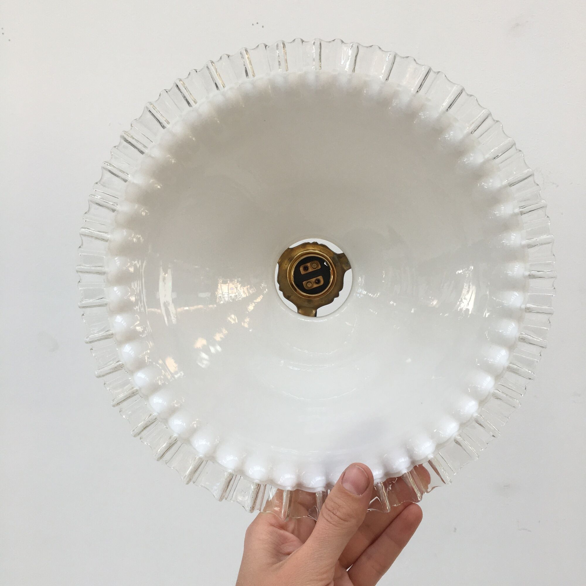 Pairs of vintage suspensions in white opaline with serrated edges