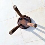 Rustic tripod stool seat covered with goatskin