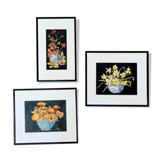 Set of 3 Still Life Paintings Early 20th Century Black Frames