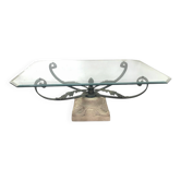 Octagonal Glass Dining Table with Travertine Base and Metal Frame