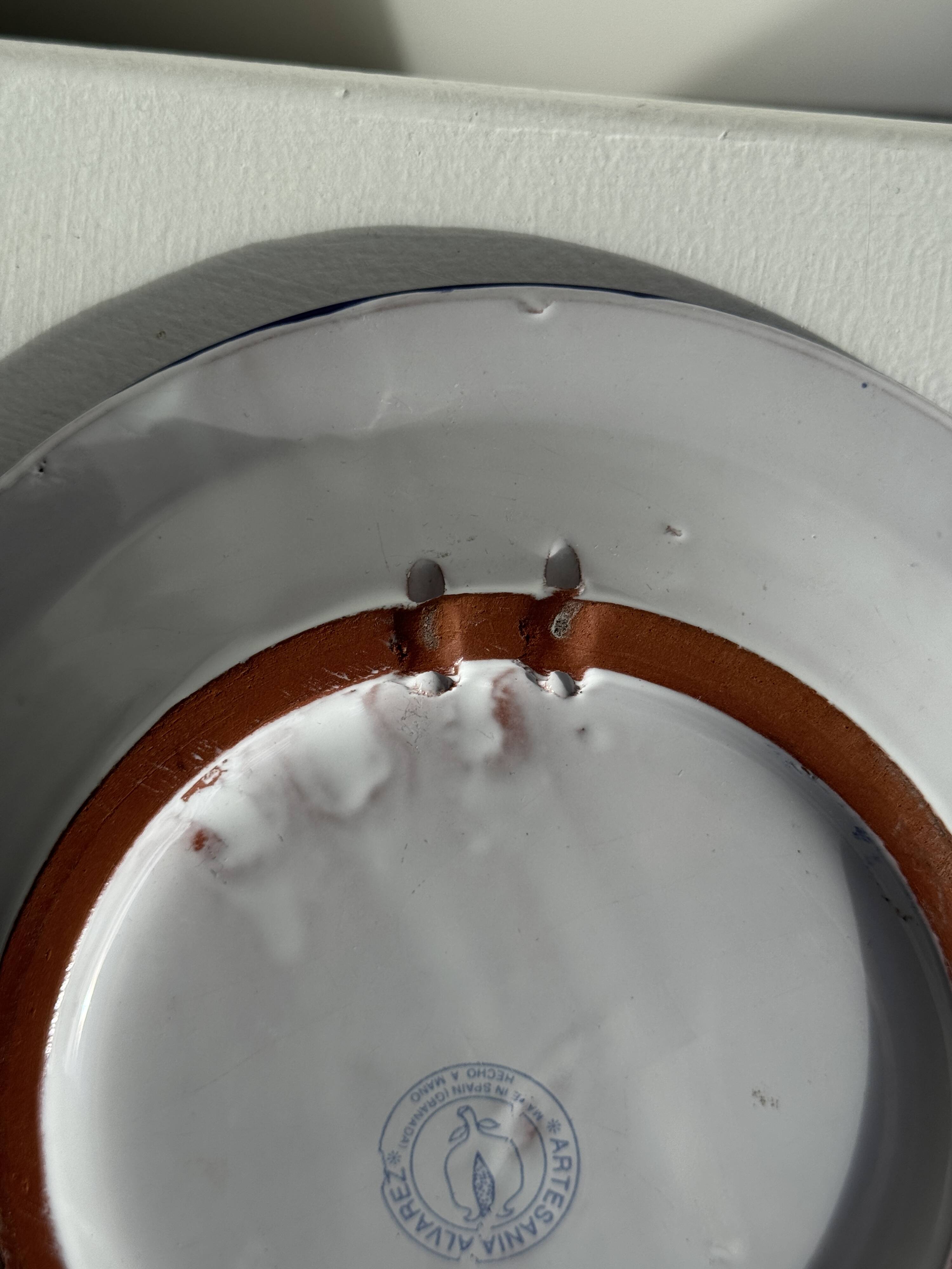 Artesania Alvarez Spanish plate in terracotta with blue plant motif.