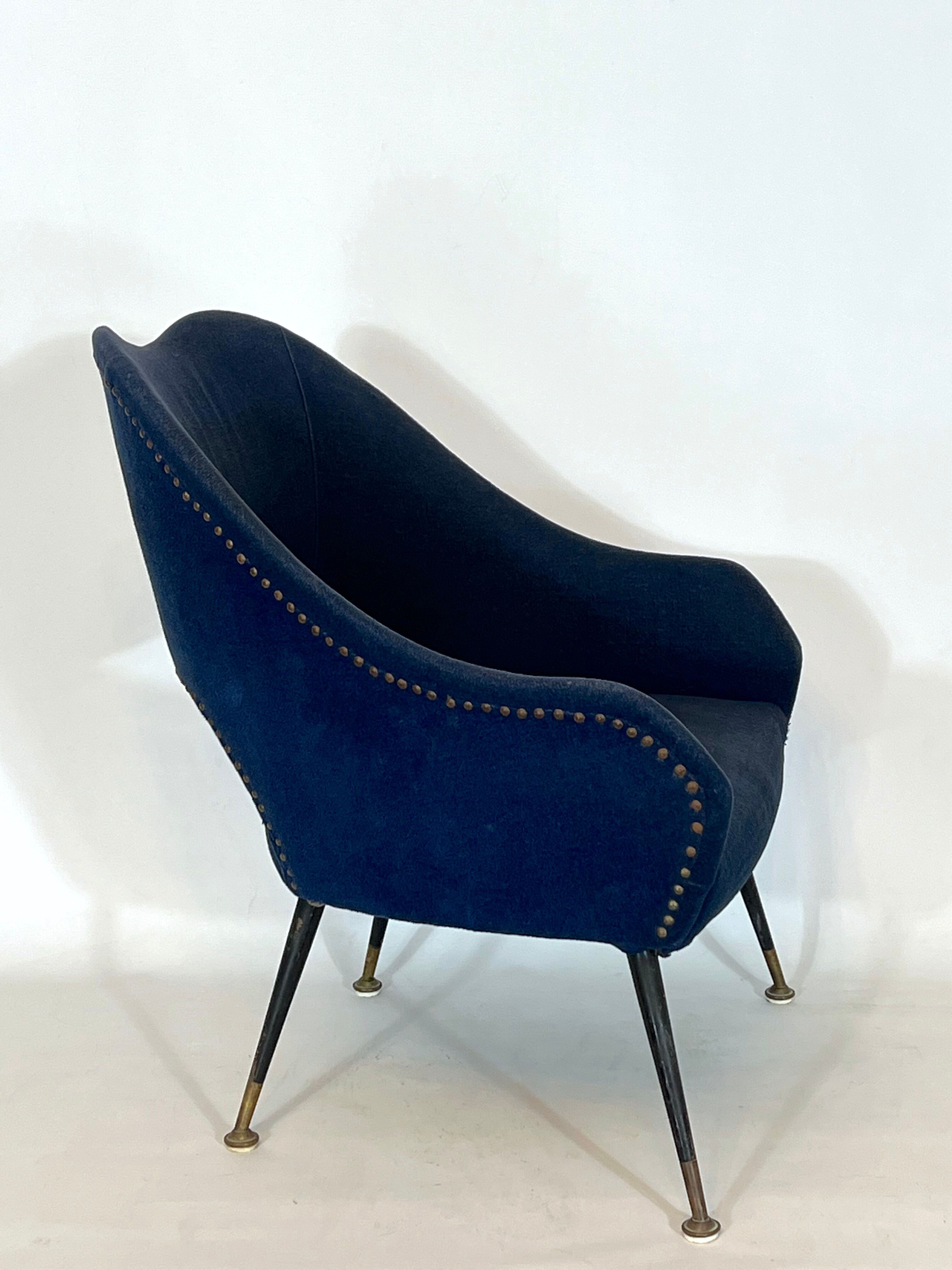 Vintage Italian blue fabric and brass armchair from 50s