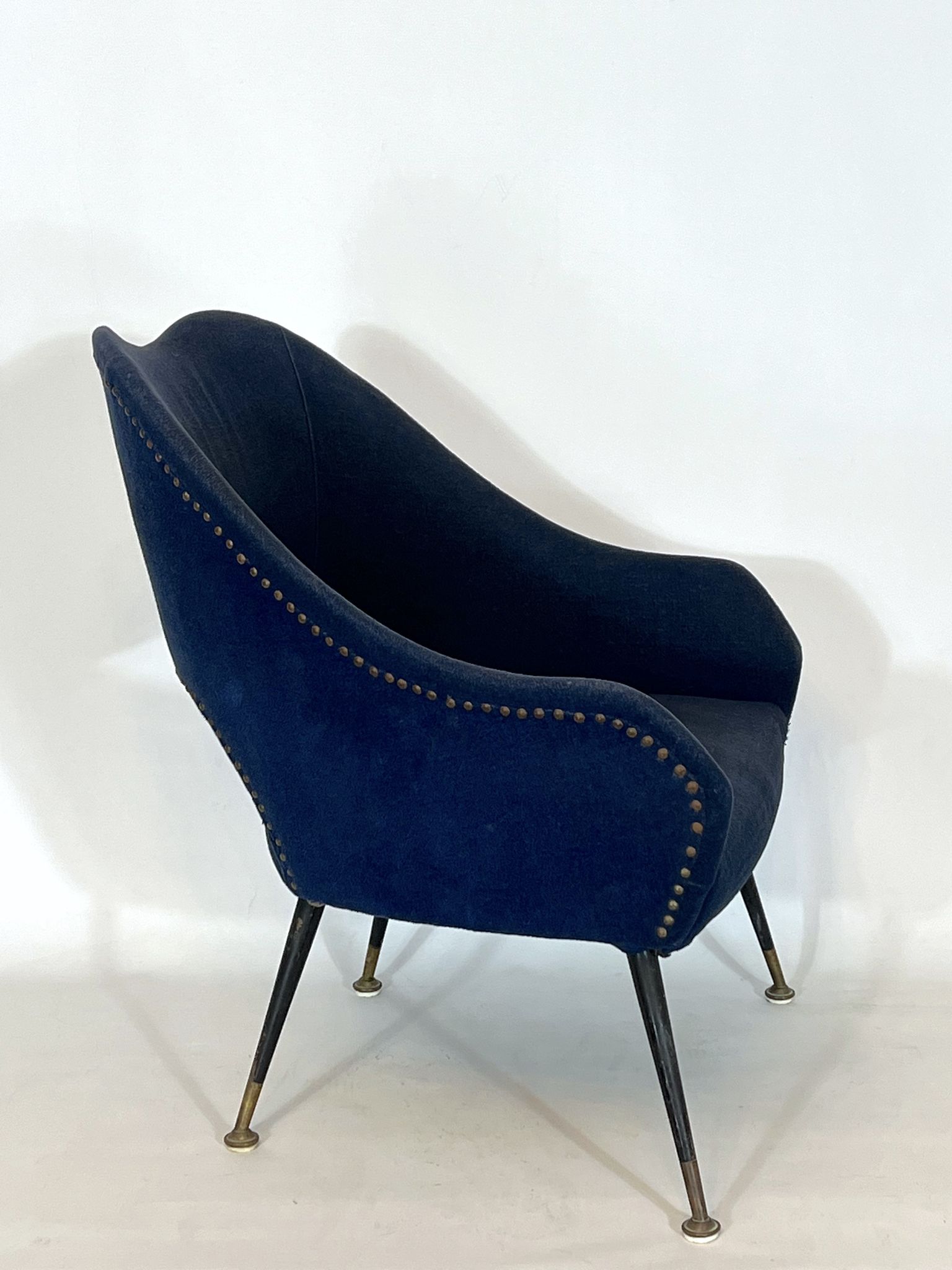 Vintage Italian blue fabric and brass armchair from 50s