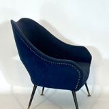 Vintage Italian blue fabric and brass armchair from 50s