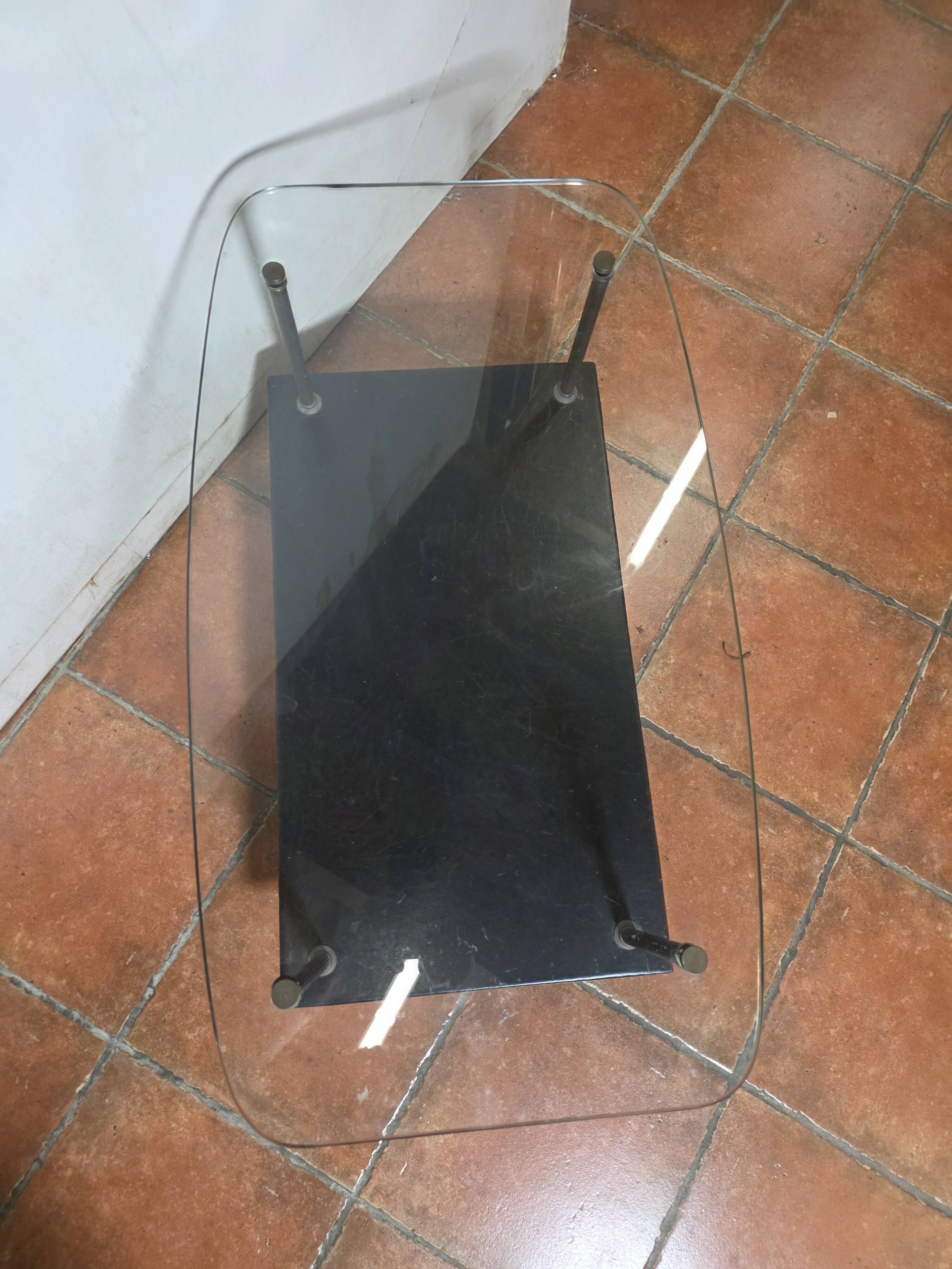 Vintage coffee table from the 1960s, glass, faux leather, brass.