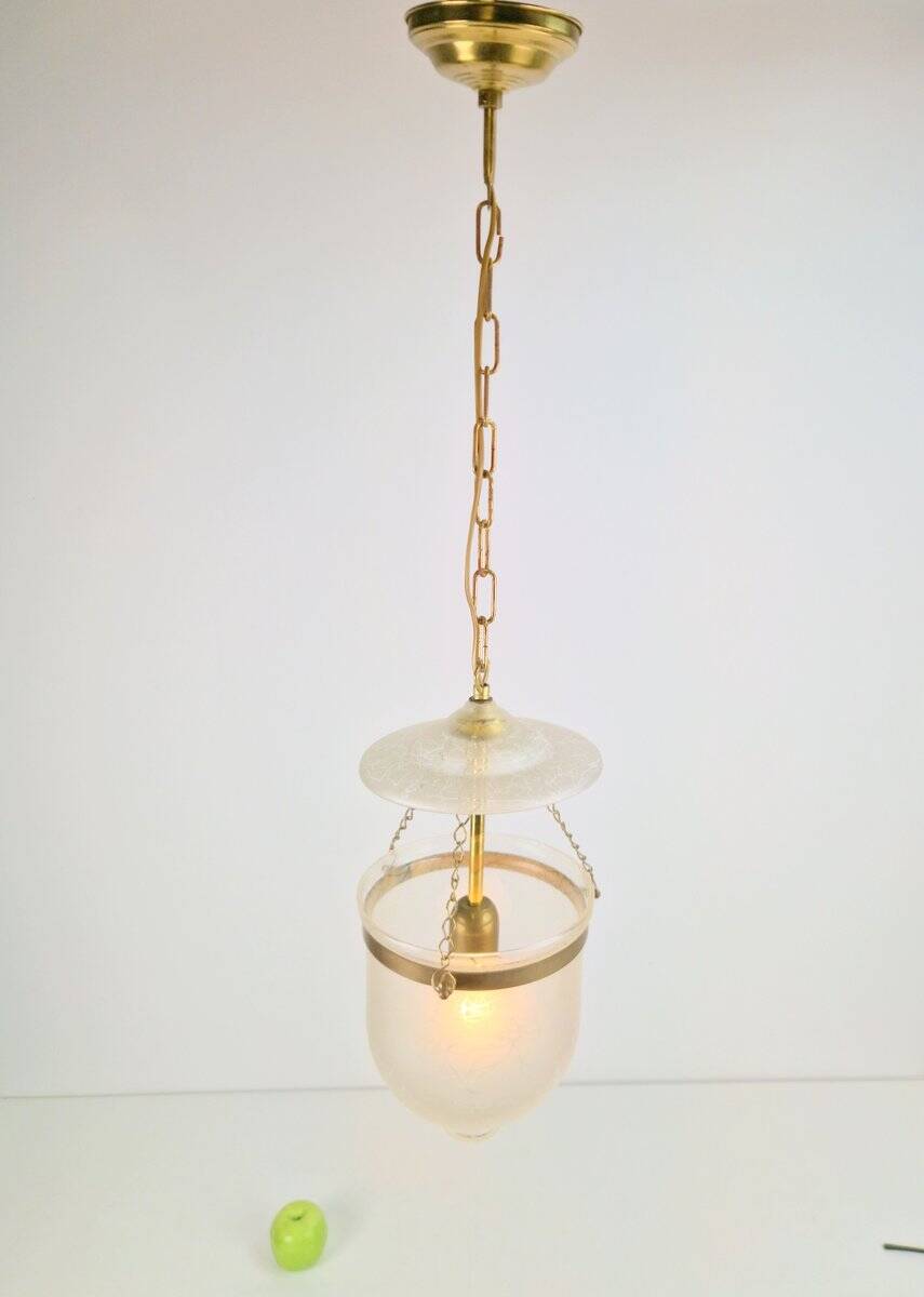 Vintage Brass and Mounted Glass Hundi Lantern Bell Lamp, 1950s