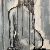 Tableau signé huile encre de chine sur toile portrait femme de dos