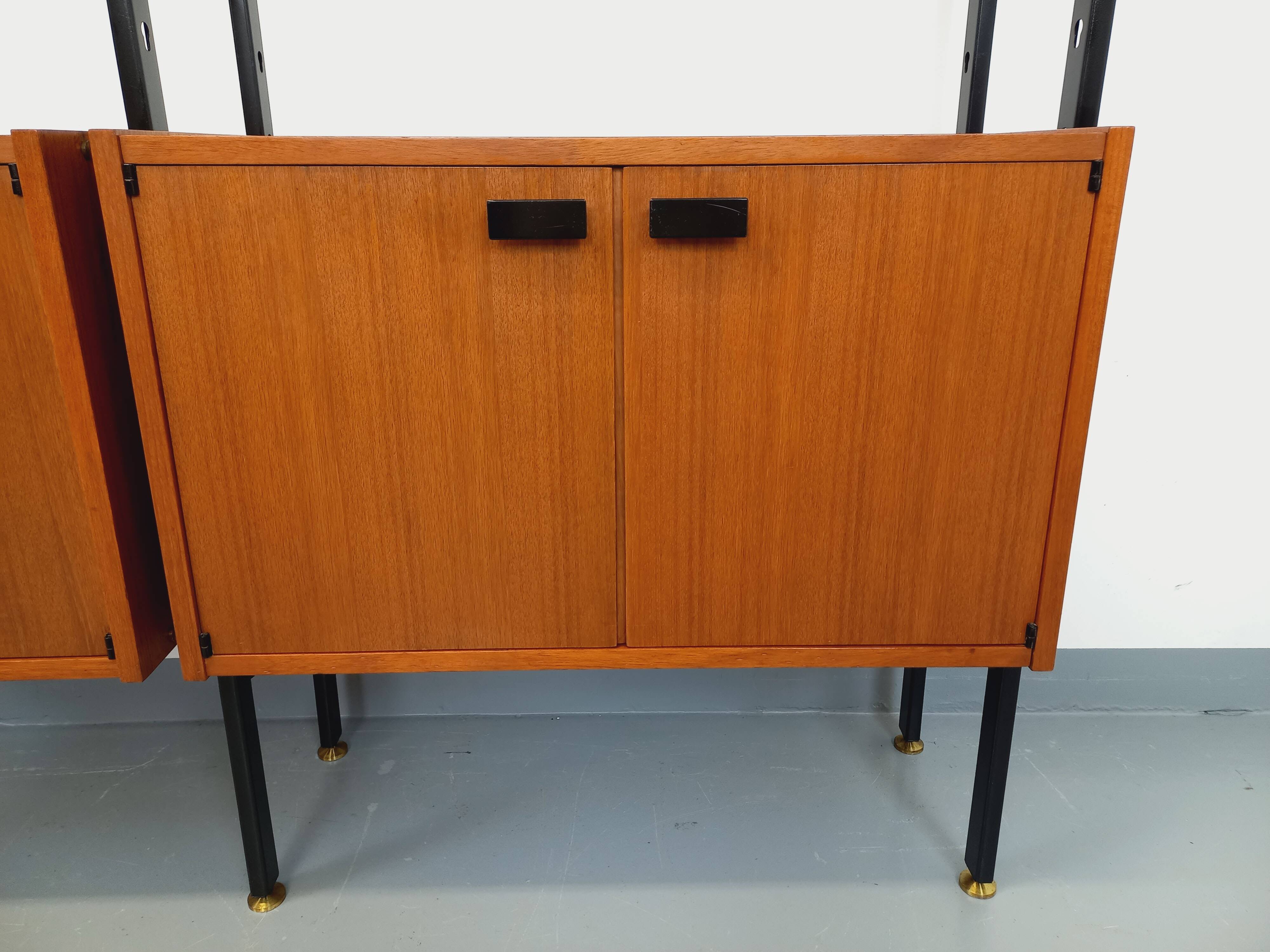 Vintage Italian double modular shelf bookcase in teak and metal