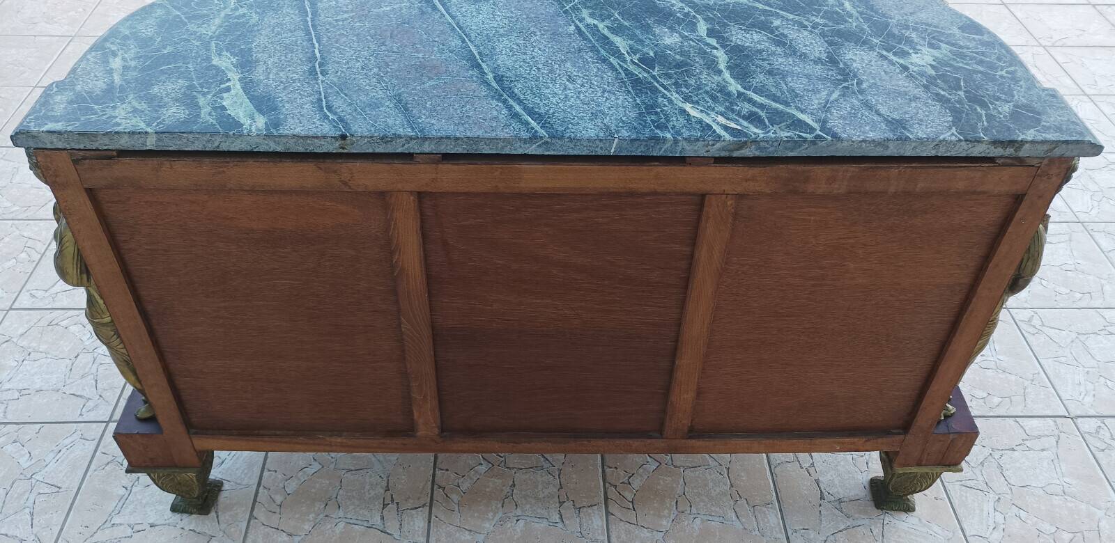 Louis XVI style commode in beech, bronze and marble.